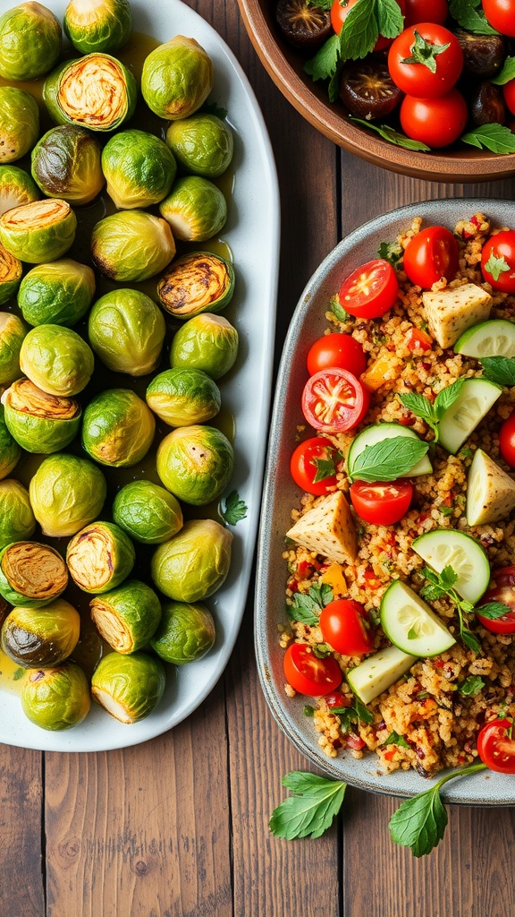 A colorful vegan side dish platter with roasted Brussels sprouts and quinoa salad on a wooden table.